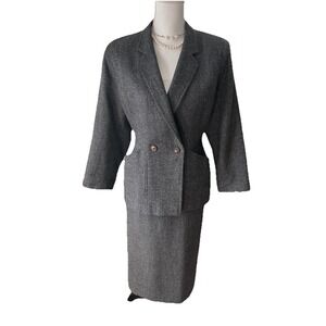 Max Mara Italy 80s Tweed Wool Silk Line Dbl Breast Fitted Jacket Pencil Skirt VT